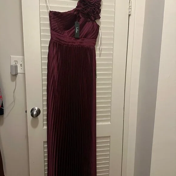 Radiant Affair Plum Purple Satin Pleated One-Shoulder Maxi Dress - Picture 2 of 5